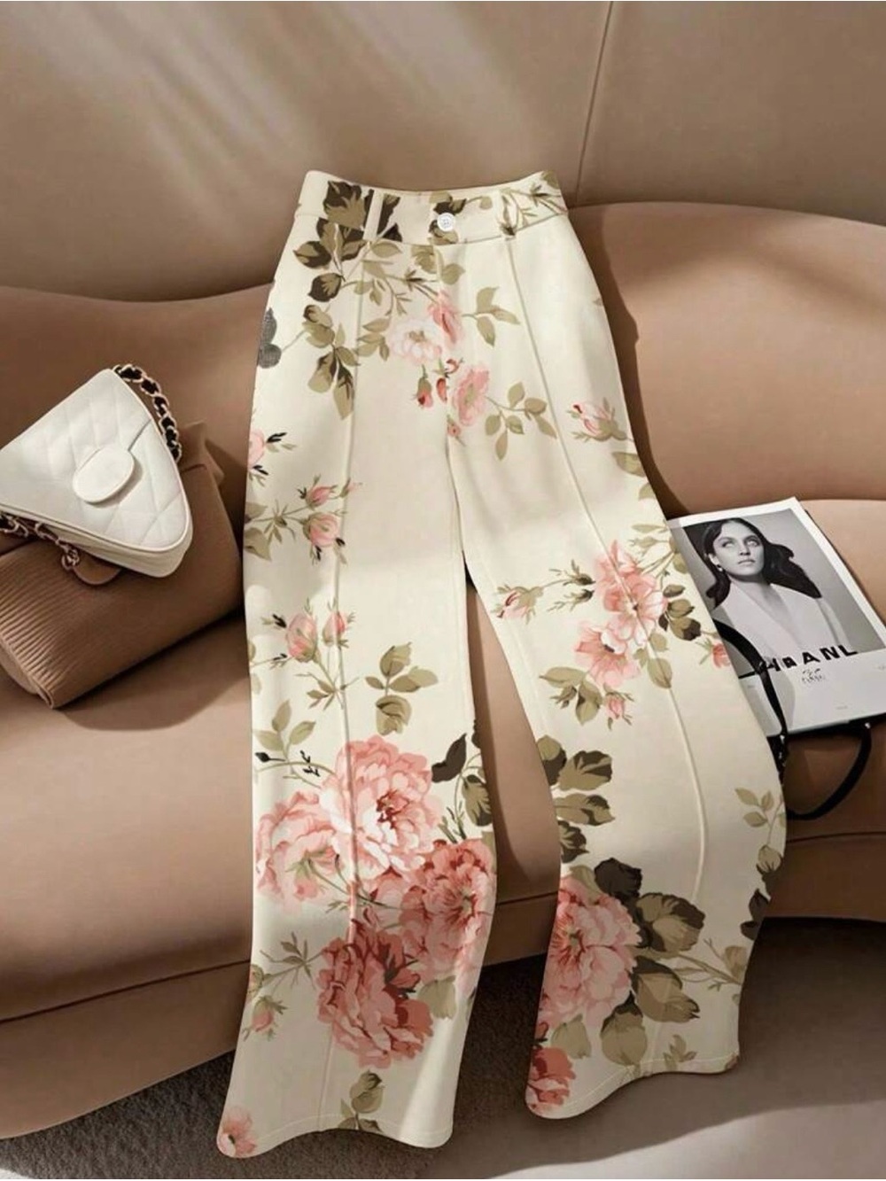 Cream Wide-Leg Floral Pants with Pink Bloom